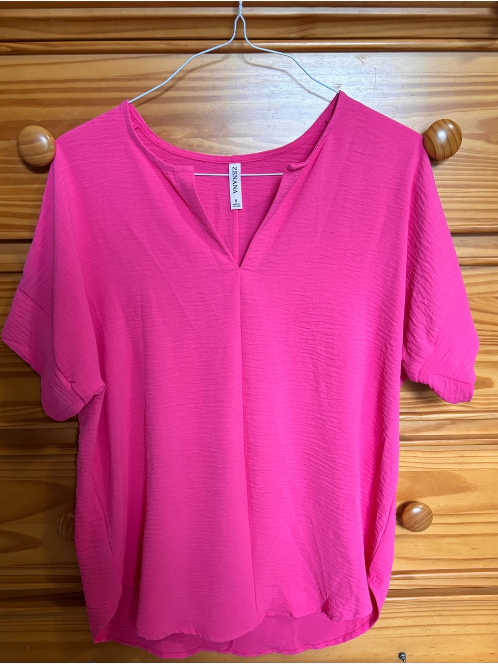 Zenana Outfitters Bright Pink V-Neck Short Sleeve Blouse